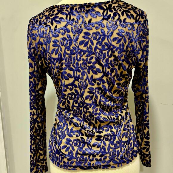 Y2K, 90s, Whimsigoth Faux-sheer Blue Velvet Long Sleeve Top scoop-neck, size L - Picture 4 of 6